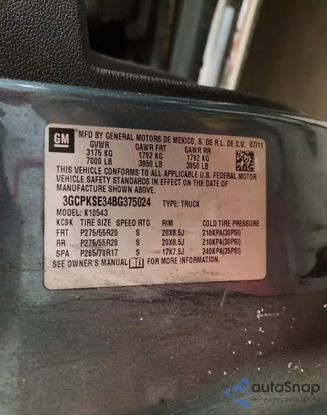 2011 Chevrolet Silverado K1500 Lt из США, поврежденный, VIN 3GCPKSE34BG375024